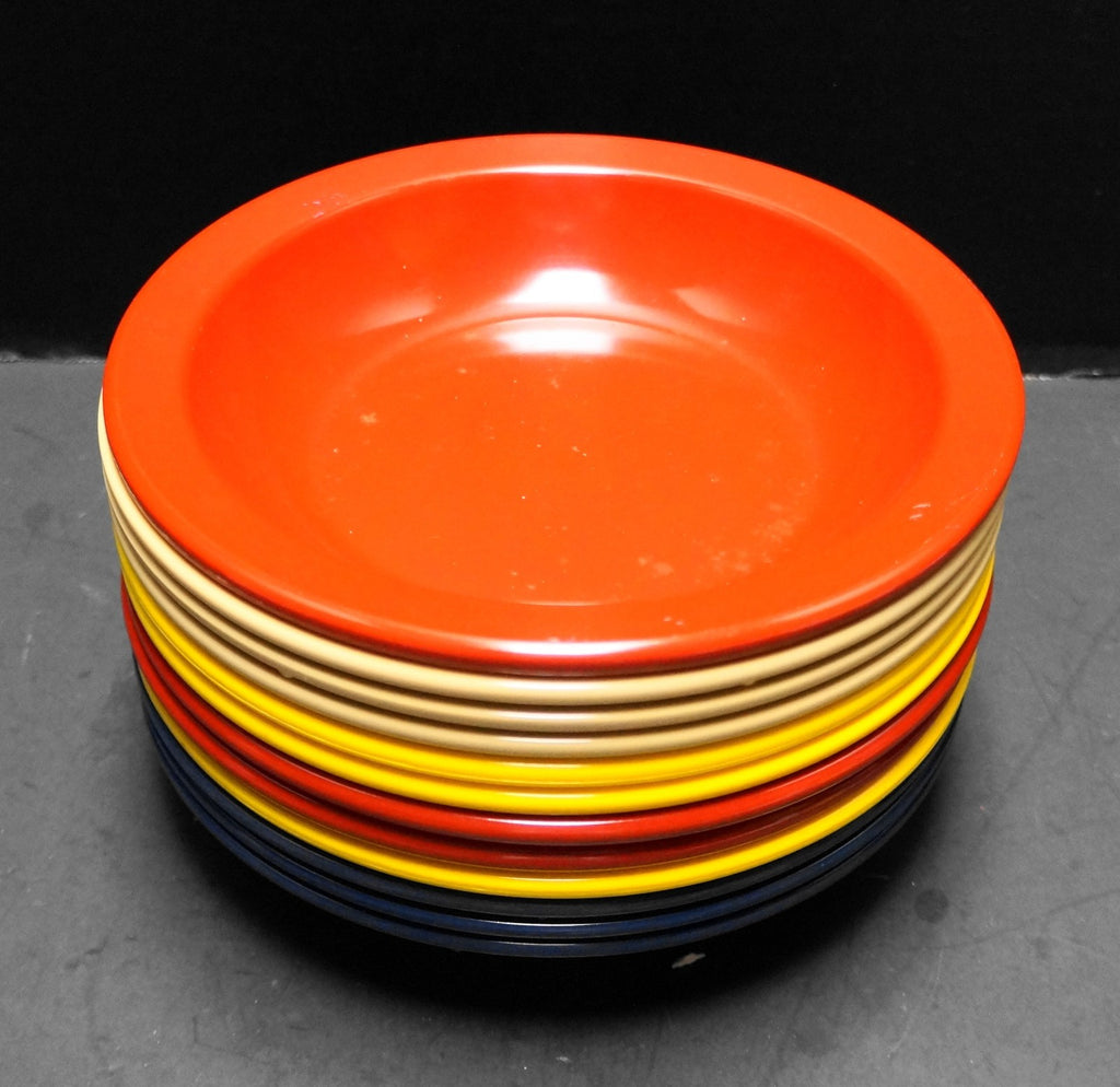 Dallas Ware Rimmed Soup Cereal Bowls Set of 12 Red Blue Beige Yellow Melamine