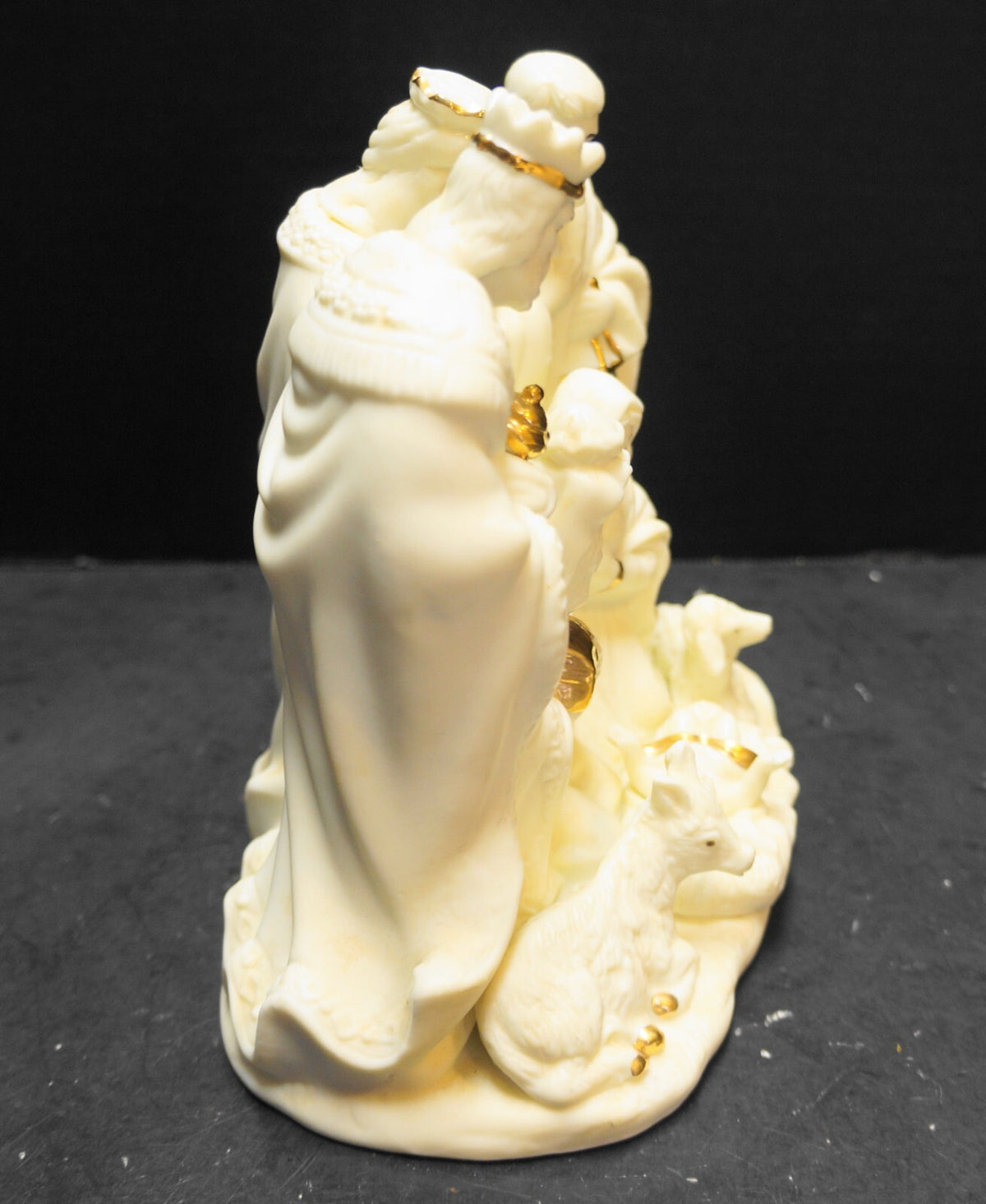 Cream Ivory Bisque Porcelain Nativity Set One Piece Figurine Hand Painted Gold