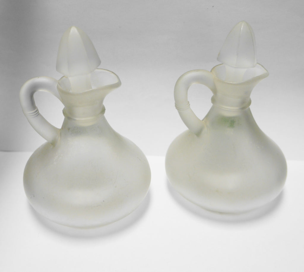 Gay Fad Ivy Satin Glass Hand Painted Cruets Pair Anchor Hocking