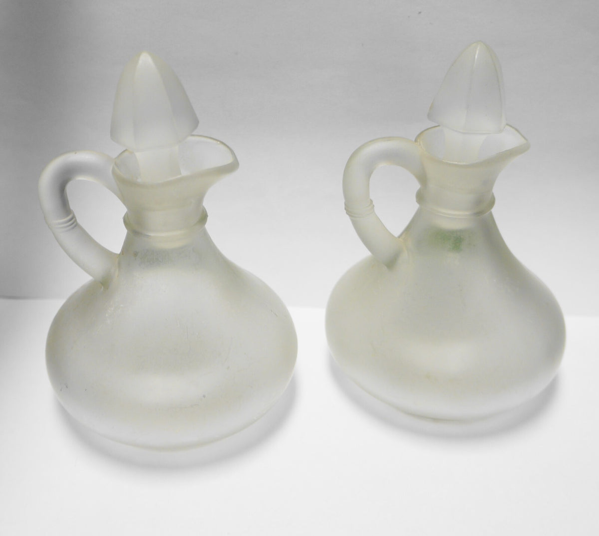 Gay Fad Ivy Satin Glass Hand Painted Cruets Pair Anchor Hocking