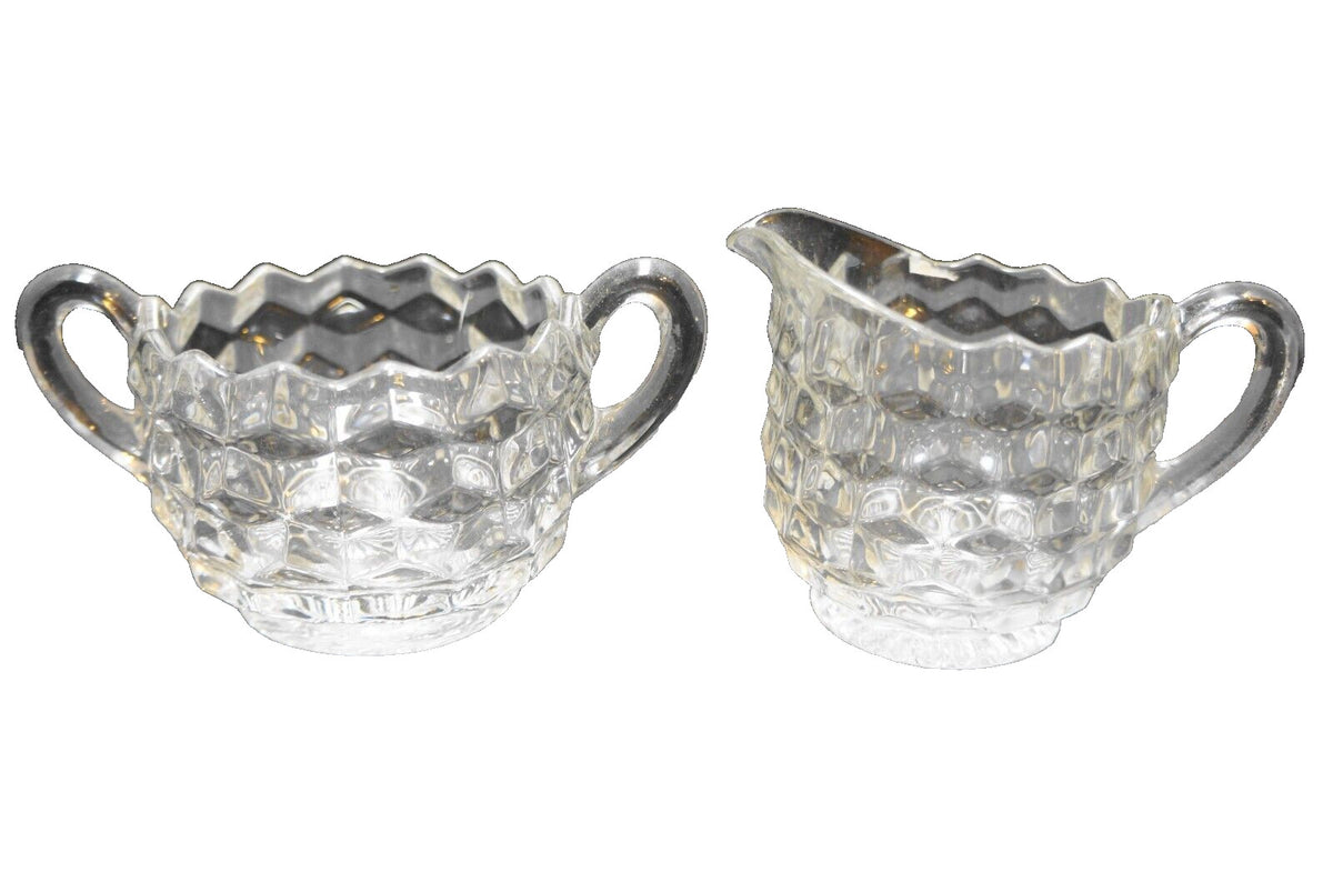 Fostoria American Cream Sugar Pair Clear Glass Cube Cubist