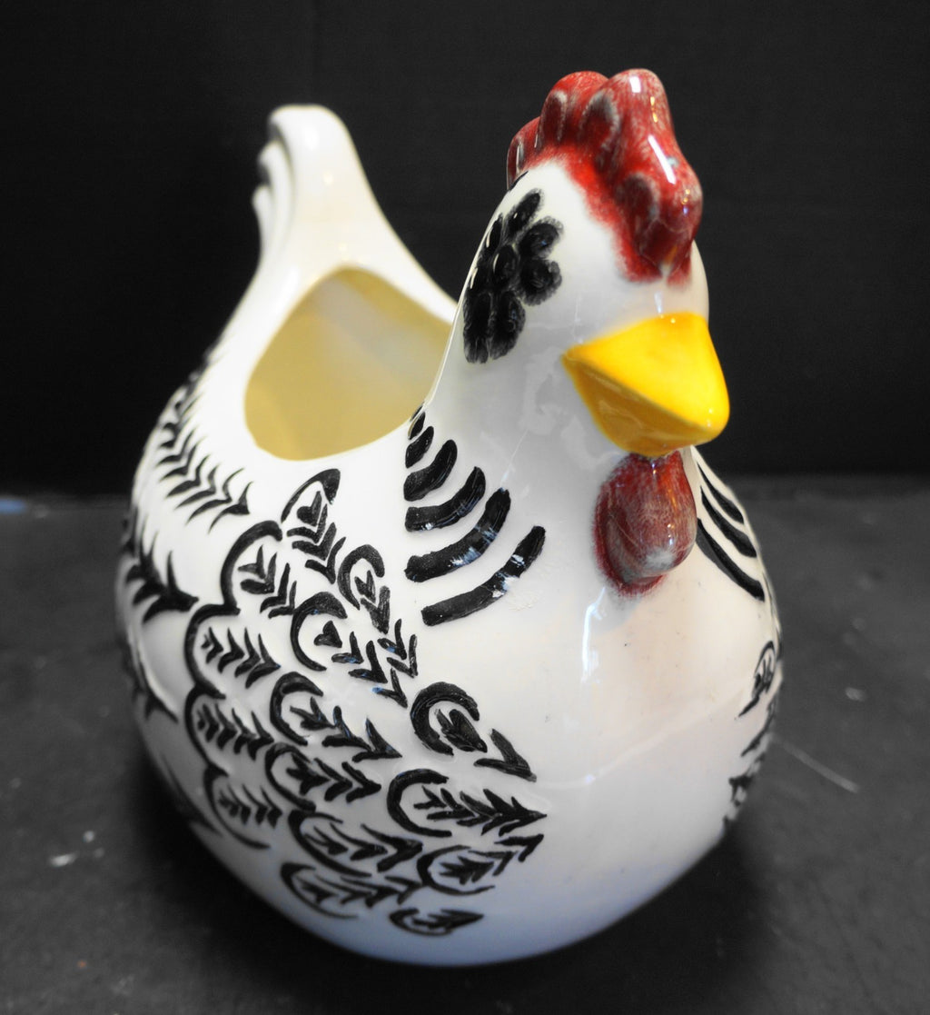 Chicken Hen Planter Hand Painted Black White Unsigned