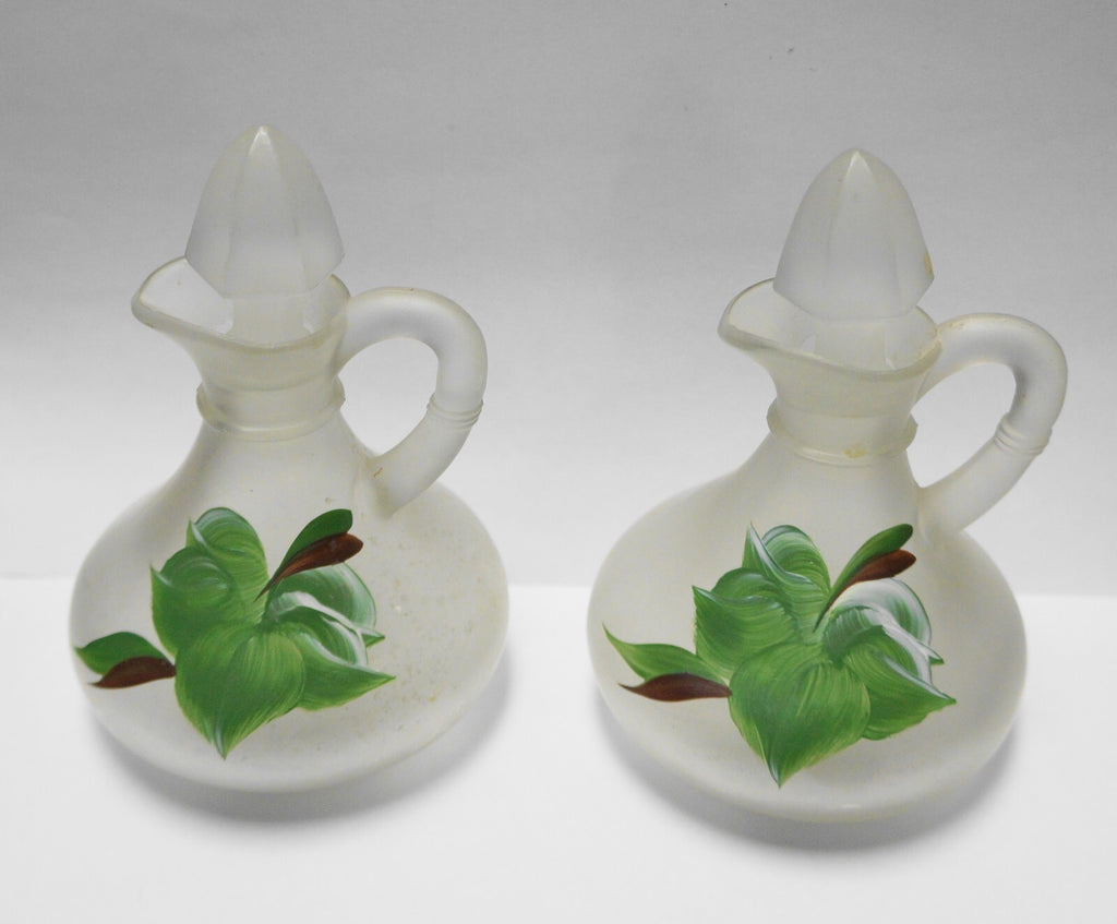 Gay Fad Ivy Satin Glass Hand Painted Cruets Pair Anchor Hocking
