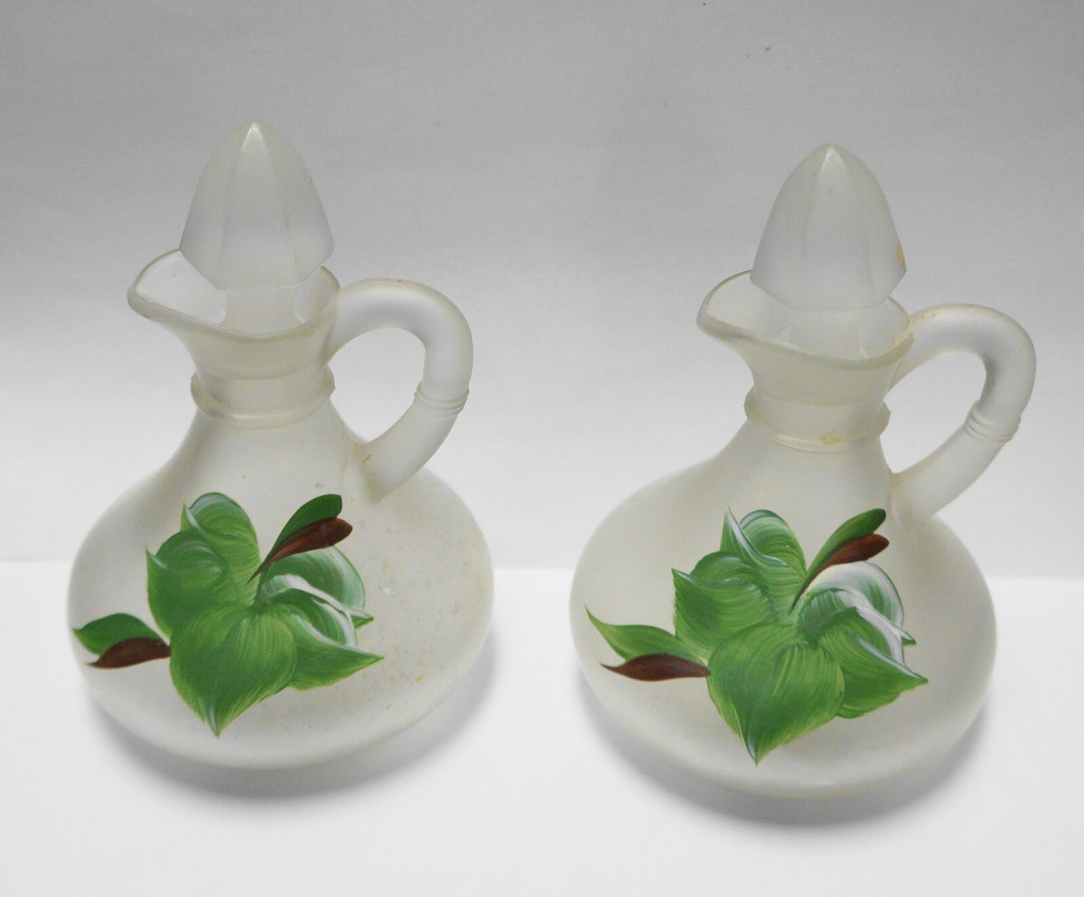Gay Fad Ivy Satin Glass Hand Painted Cruets Pair Anchor Hocking