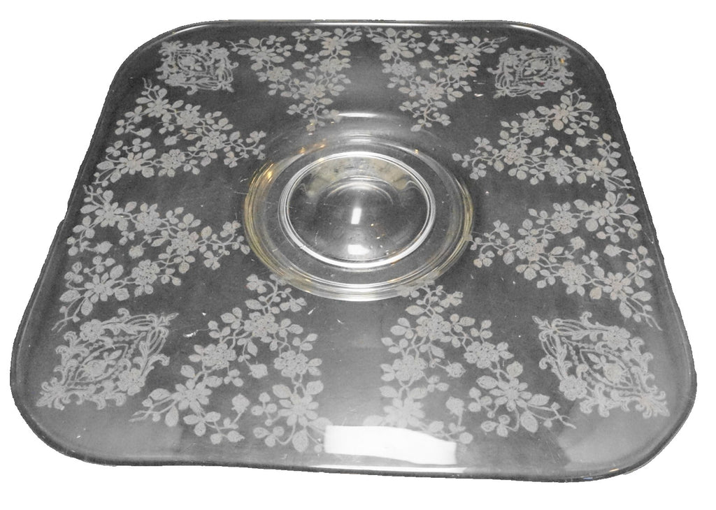 Elegant Floral Etched Glass Square Low Cake Plate Platter
