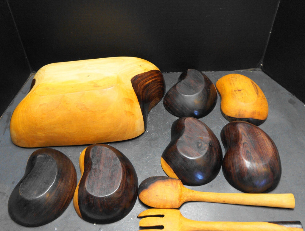 Hand Carved Blackwood Salad Set 9 Pieces Bowls Servers