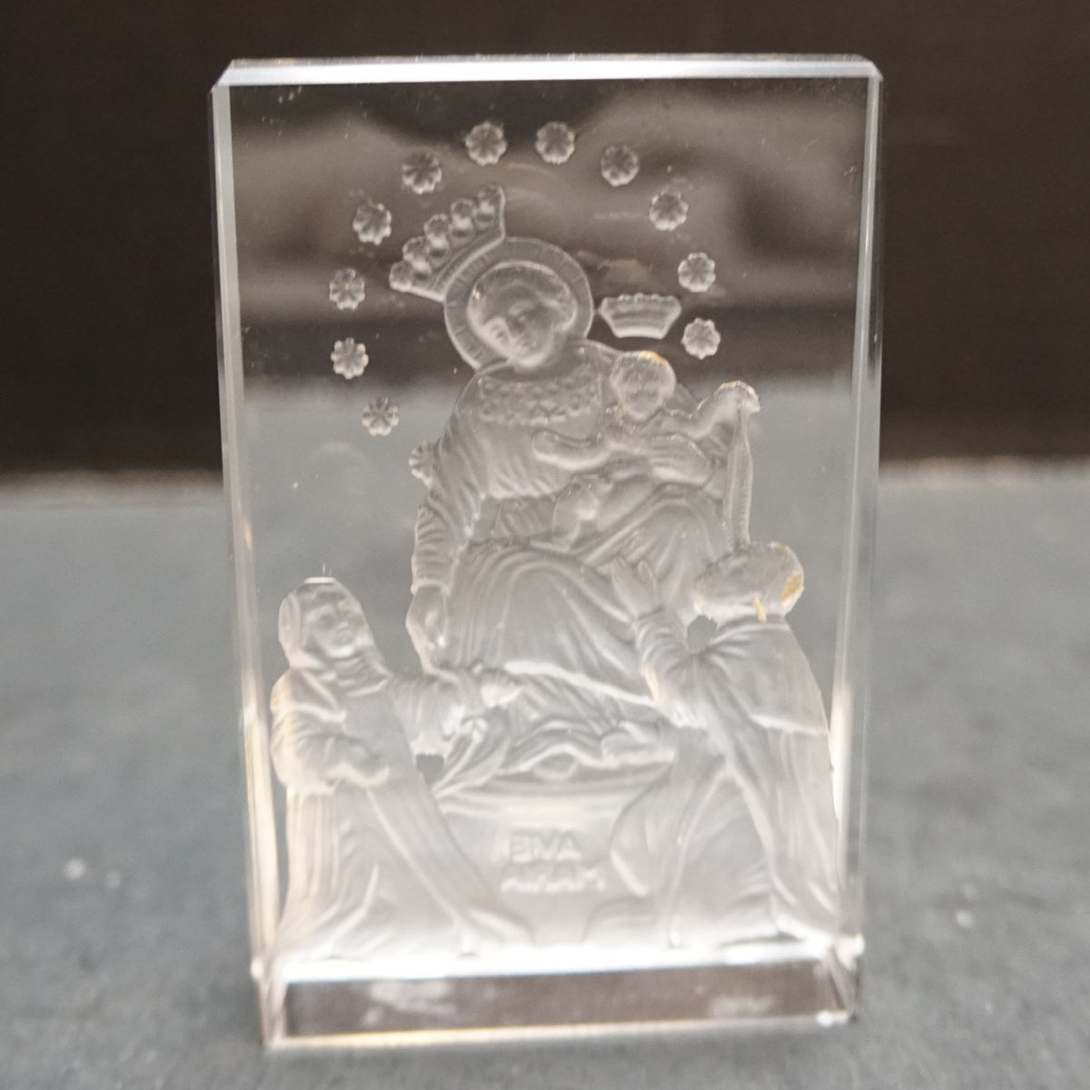 Ave Maria Intaglio Reverse Cut Crystal Paperweight Wedge