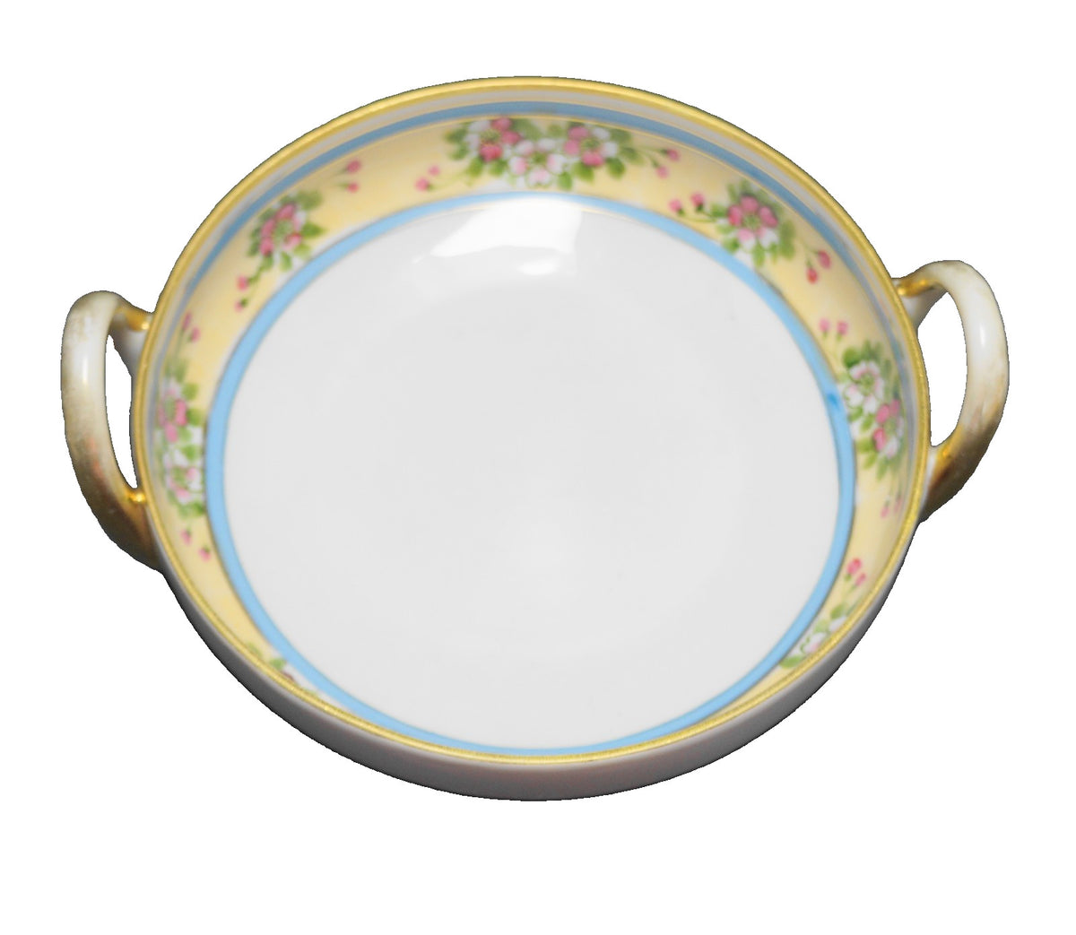 Morimura Nippon Double Handle Bowl Hand Painted Pink Flowers Yellow Blue Bands