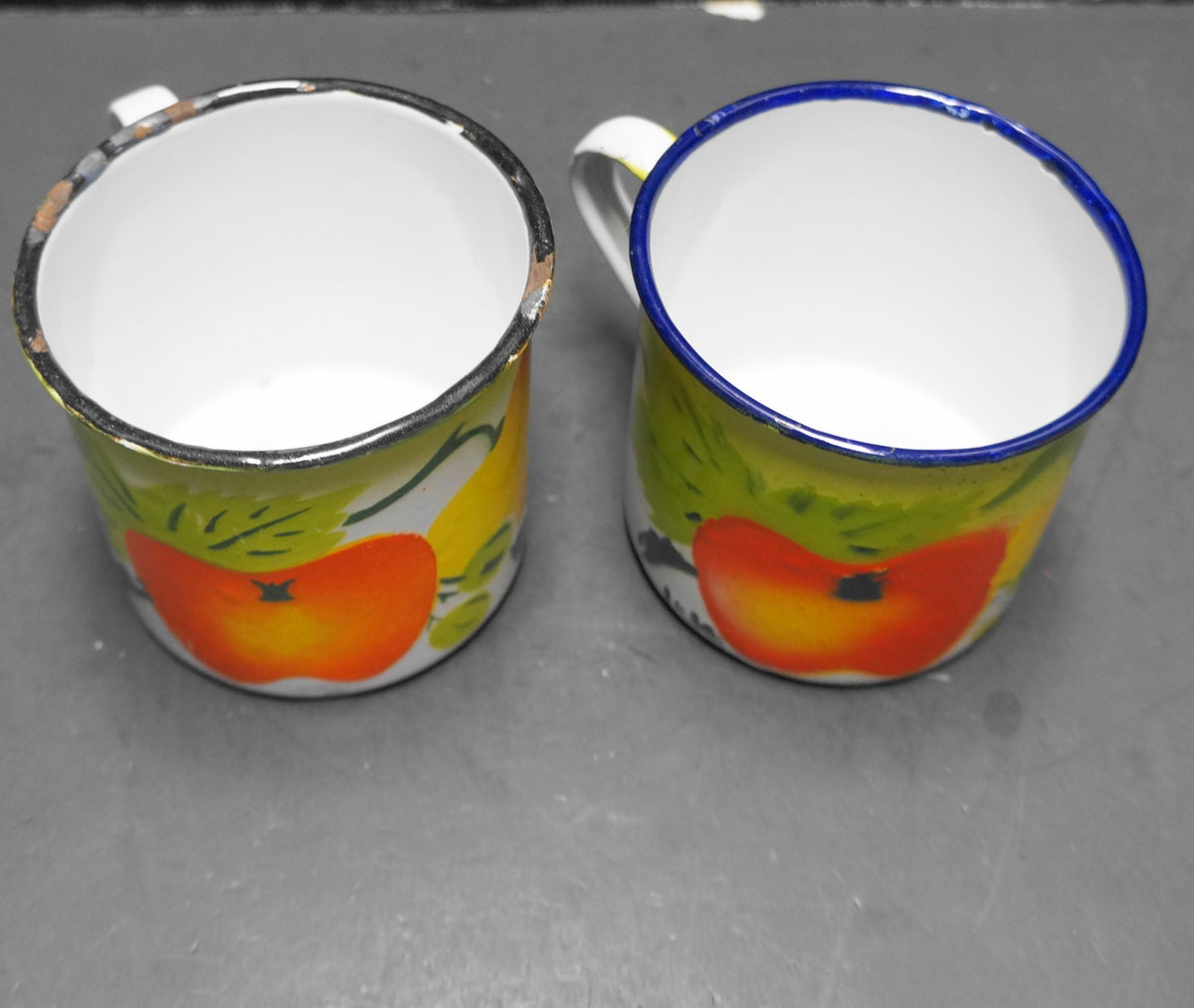 Fruit Airbrushed Enamel Mugs Pair Vintage
