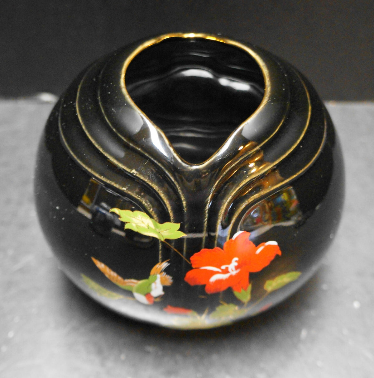 Fine China of Japan Black Vase Hummingbird Red Poppy