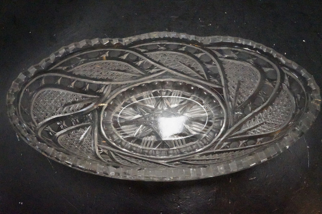 Cut Crystal Oval Gondola Relish Bowl Crosshatch Button Curves Frosted