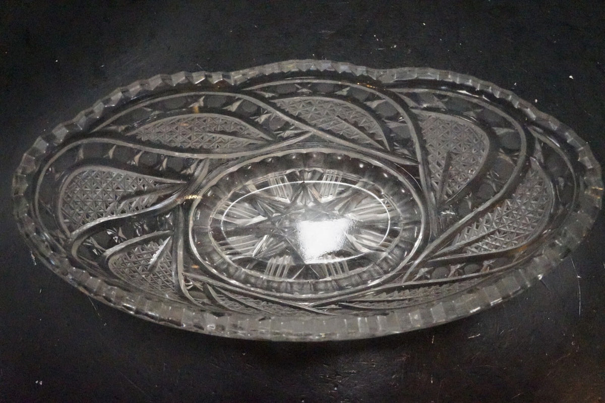 Cut Crystal Oval Gondola Relish Bowl Crosshatch Button Curves Frosted
