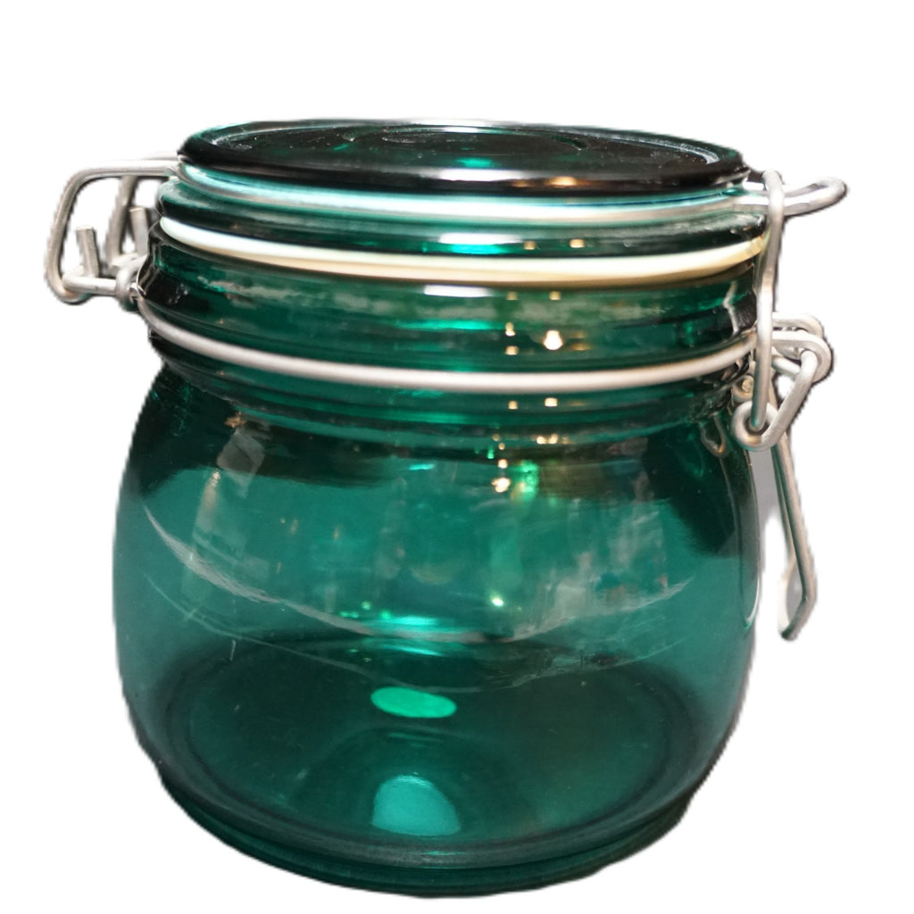 Teal Emerald Green Glass Short Canister Jar Wire Bale