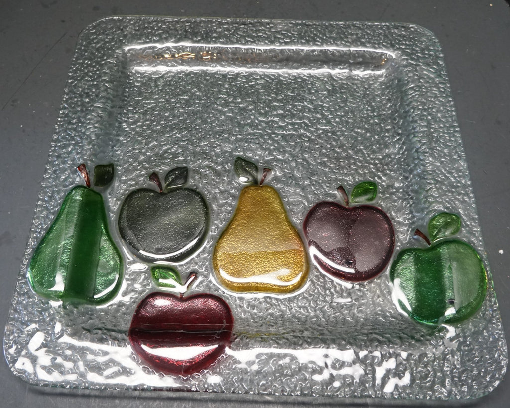 Fused Glass Fruit Apple Pear Clear Pebbled Square Tray 14 5/8 IN