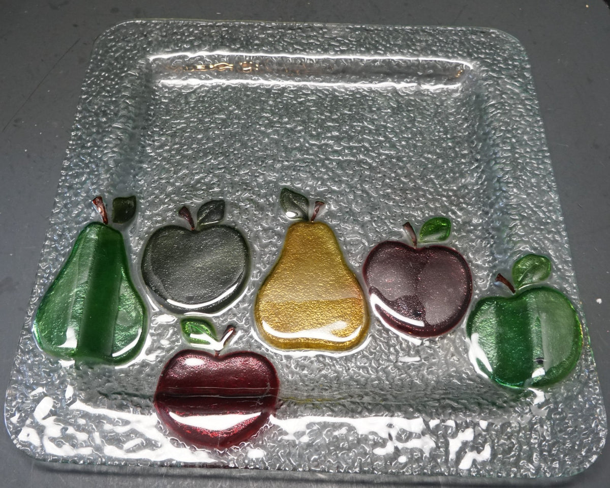 Fused Glass Fruit Apple Pear Clear Pebbled Square Tray 14 5/8 IN
