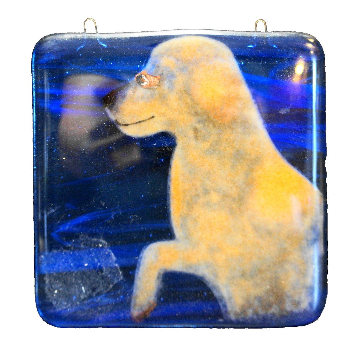 Blue Brown Dog Suncatcher Fused Art Glass Square Plaque