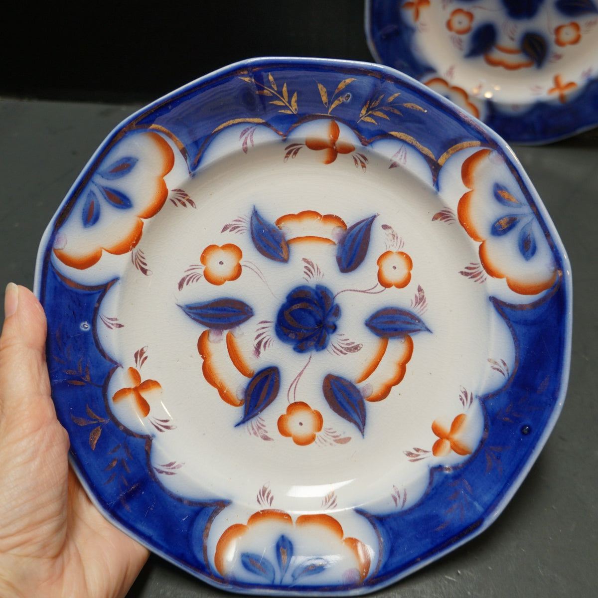 Gaudy Dutch Gaudy Welsh Flow Blue Ironstone Pinwheel Hand Painted Plates