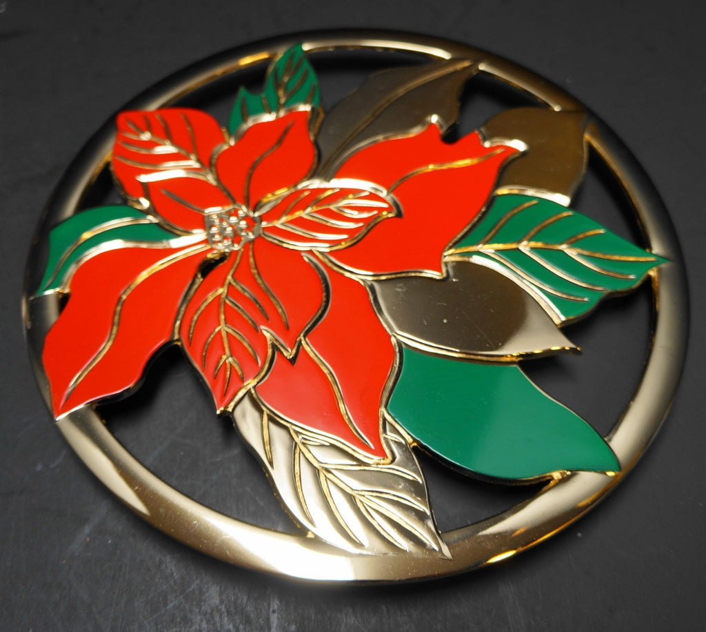 Home For The Holidays Brass Enamel Poinsettia Trivet Christmas