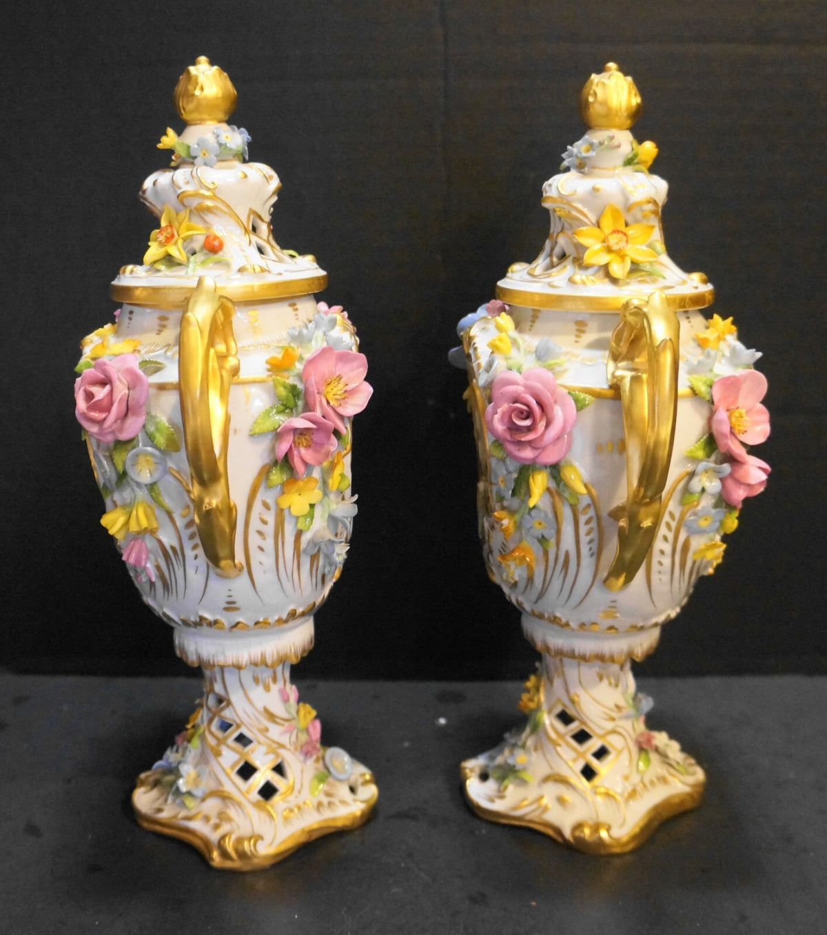 Von Schierholz Urns Pierced Applied Flowers Hand Painted Pheasants