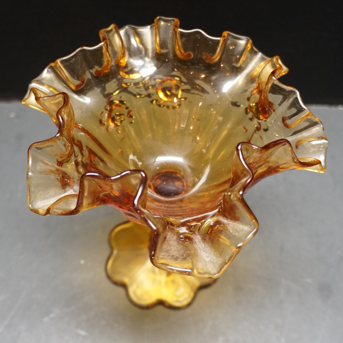Fenton Amber Rose Ruffled Double Crimped Small Compote