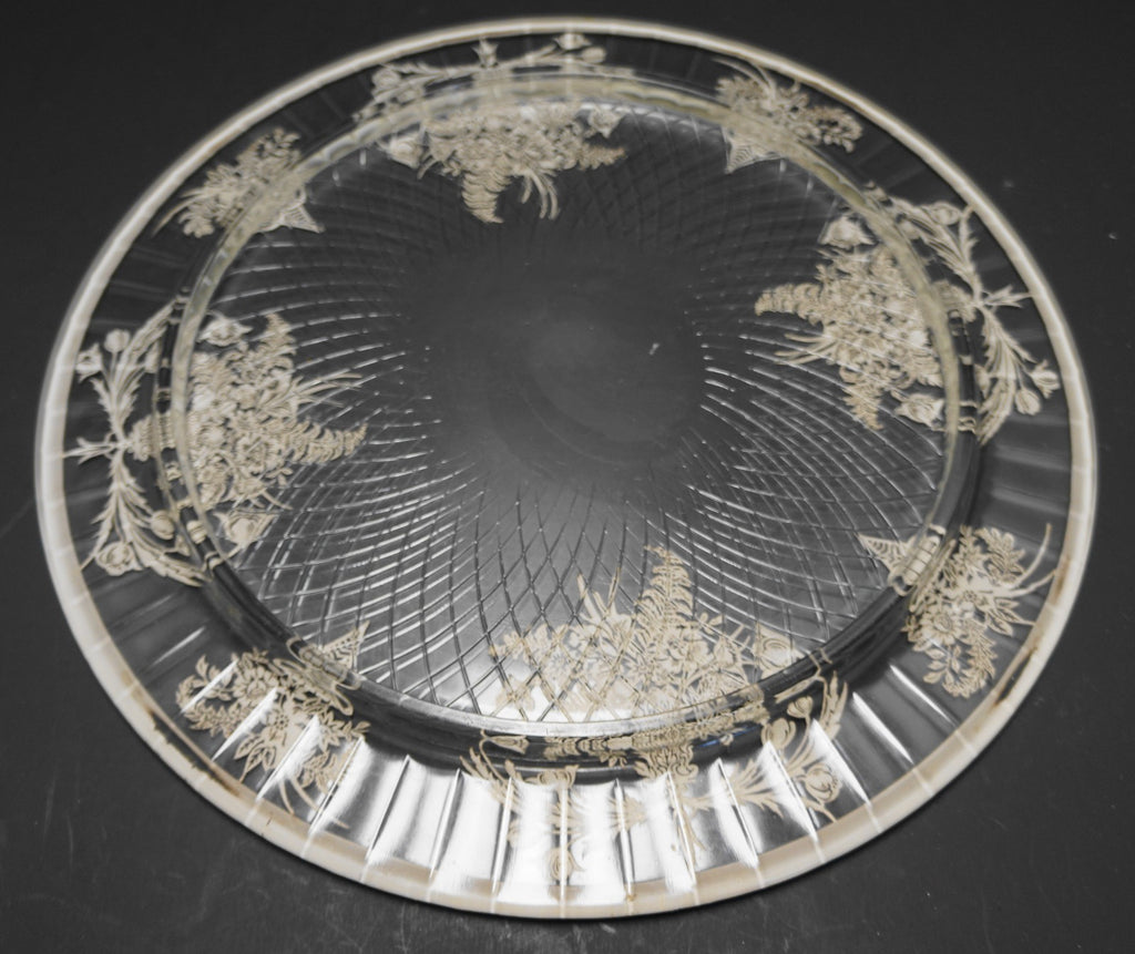 Sterling Floral Overlay Clear Glass Spiral Diamond Cake Plate