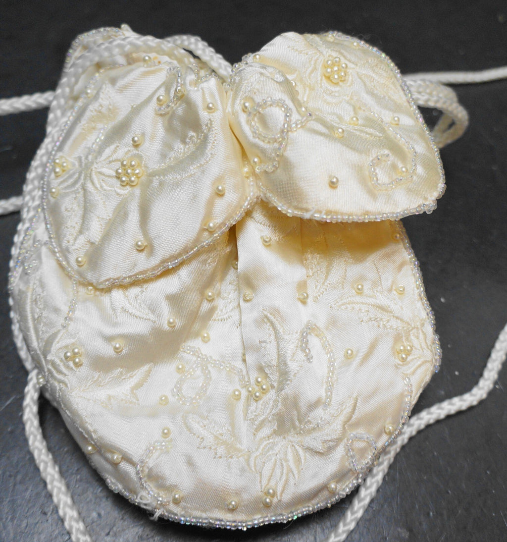 Cream Satin Beaded Drawstring Pouch Purse Evening Bag