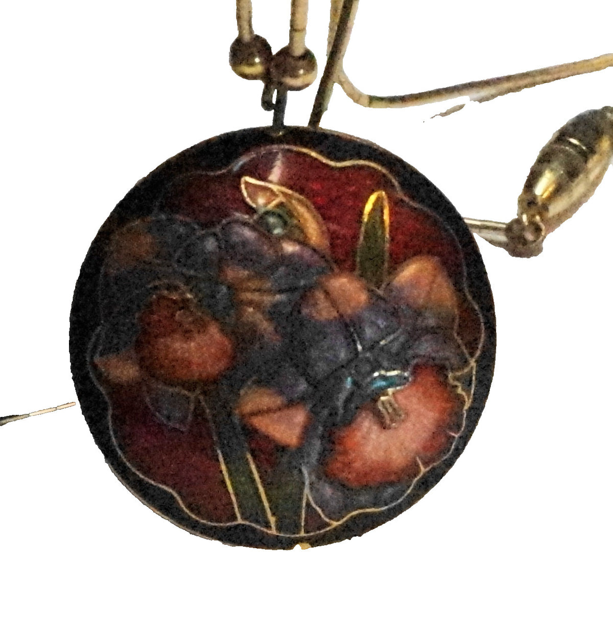 Vintage Cloisonne Round Pendant Floral Red Purple Gold Tone Beads Necklace