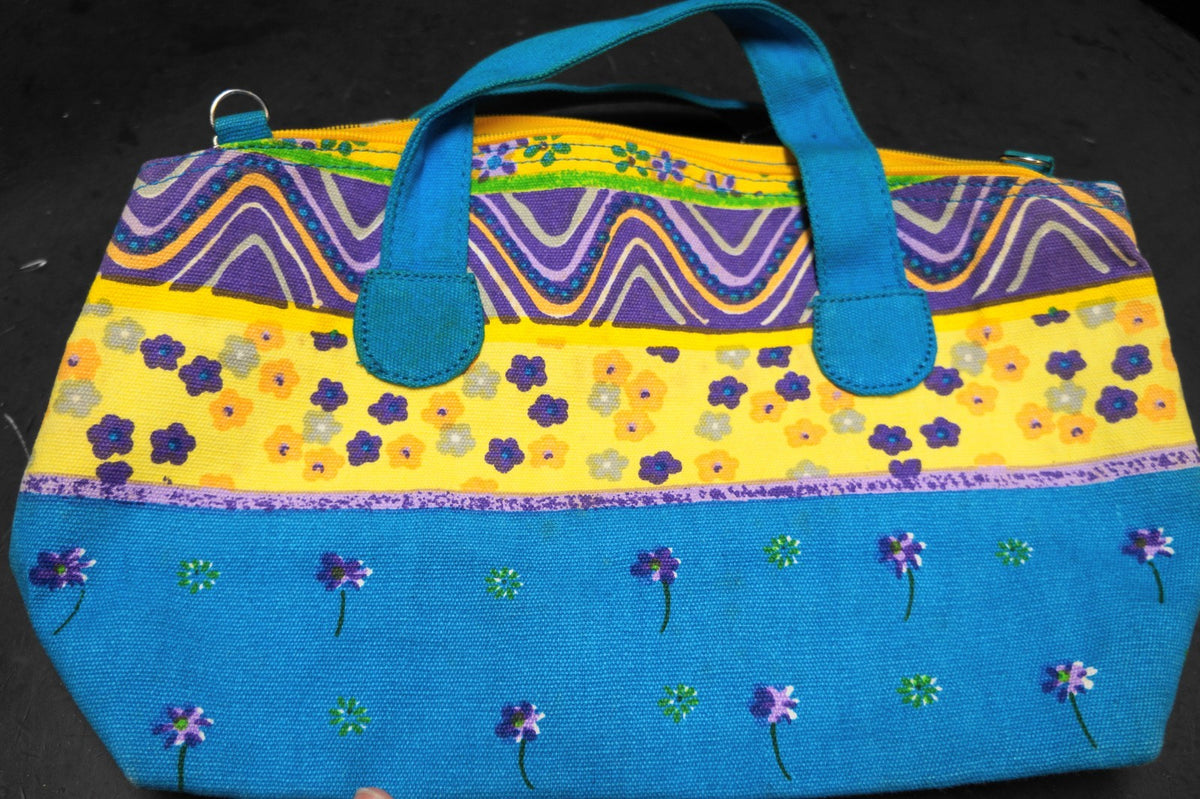 Sun 'n Sand Vintage Blue Yellow Purple Floral Print Canvas Handbag