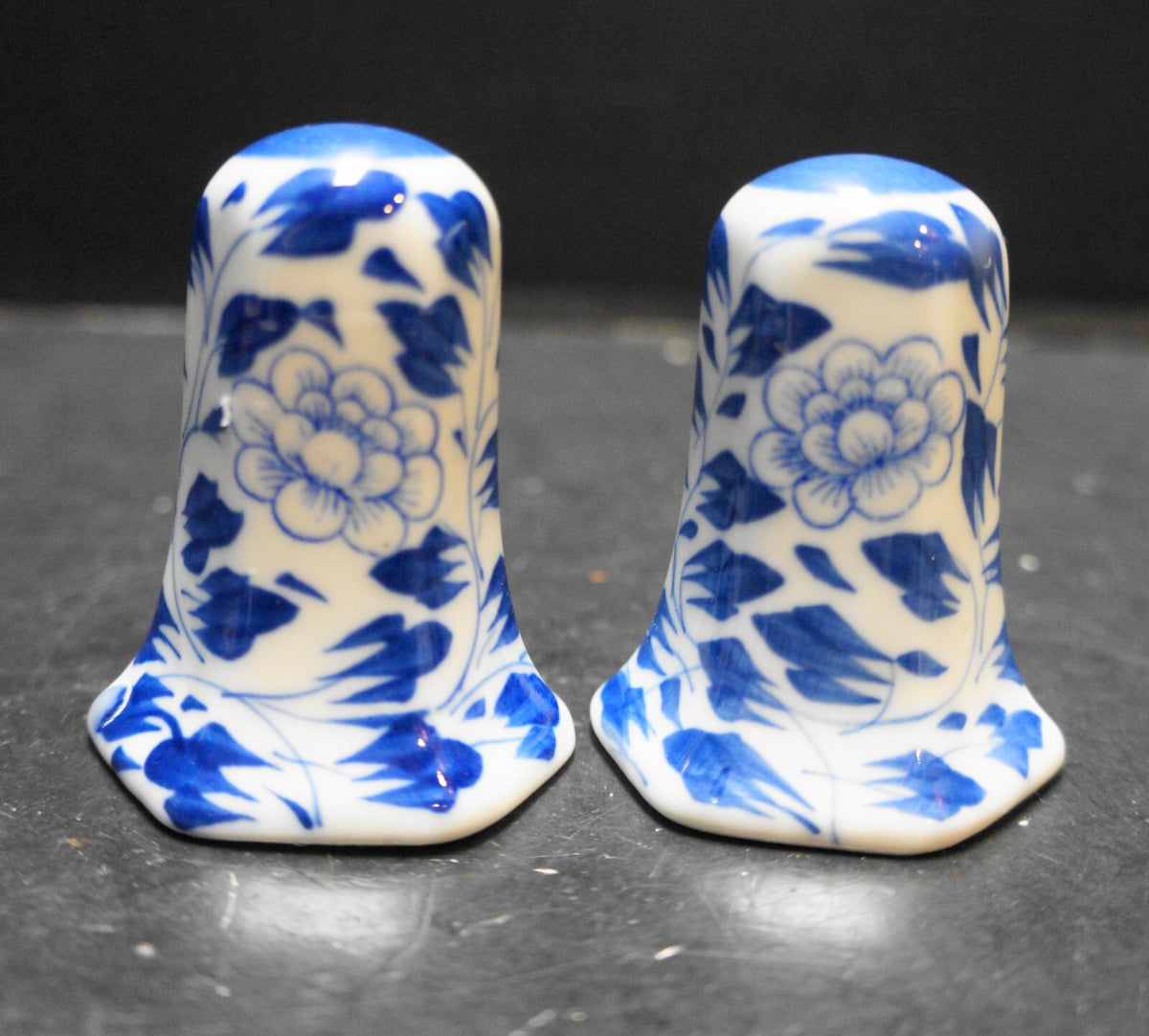Blue White Hand Painted Leaves Flowers Salt Pepper Shakers