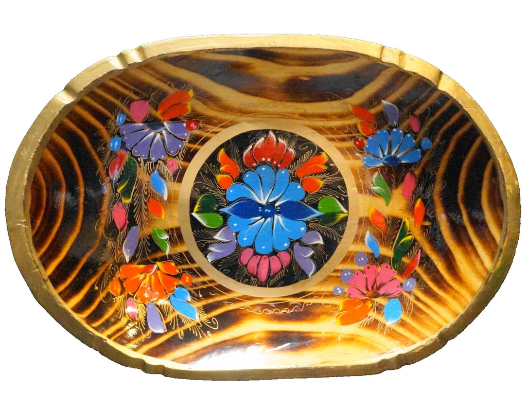 Mexican Batea Hand Painted Bright Flowers Wood Oval Tray Folk Art