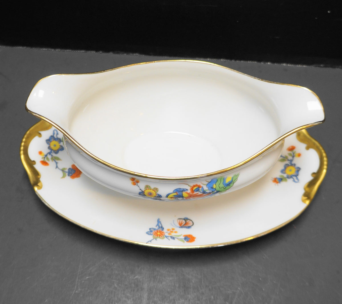 J L Hudson Vignaud Freres Limoges France Bird of Paradise Floral Gravy Boat
