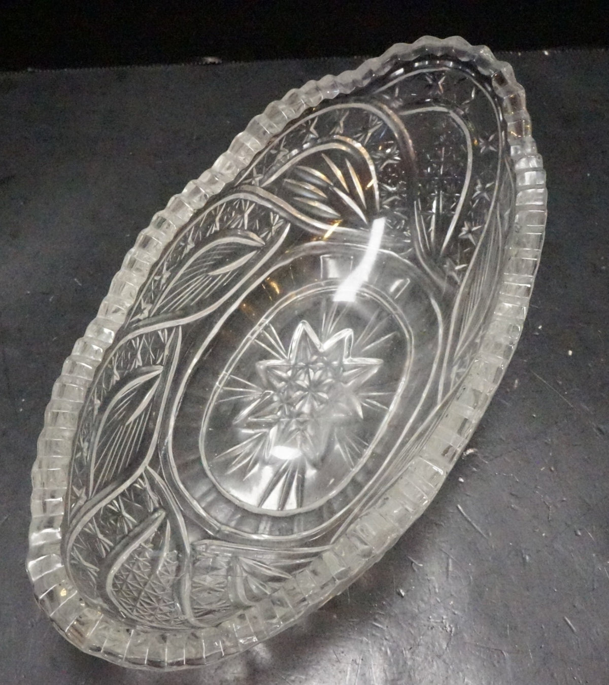 Cut Crystal Oval Gondola Relish Bowl Stars Curves Leaves