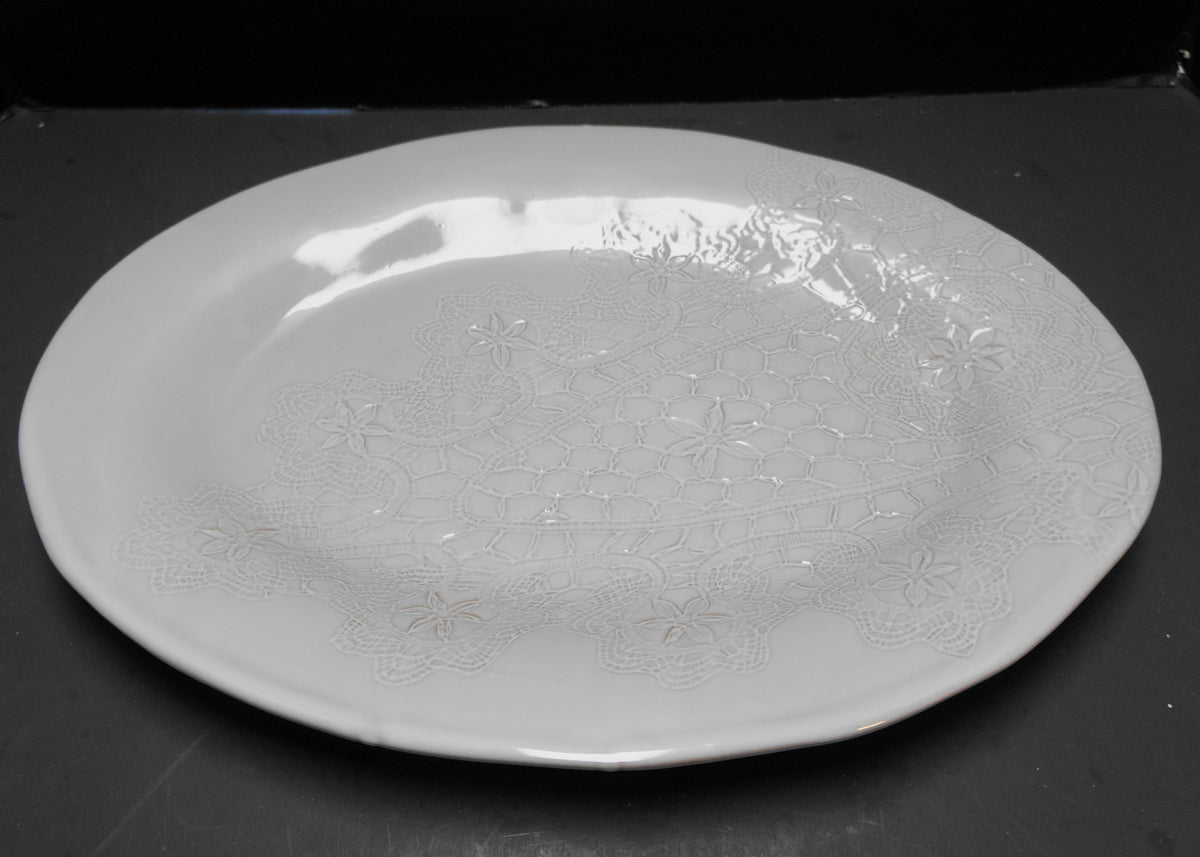 Arhaus Table Isabetta Embossed Ceramic Platter Light Gray Oval Italy