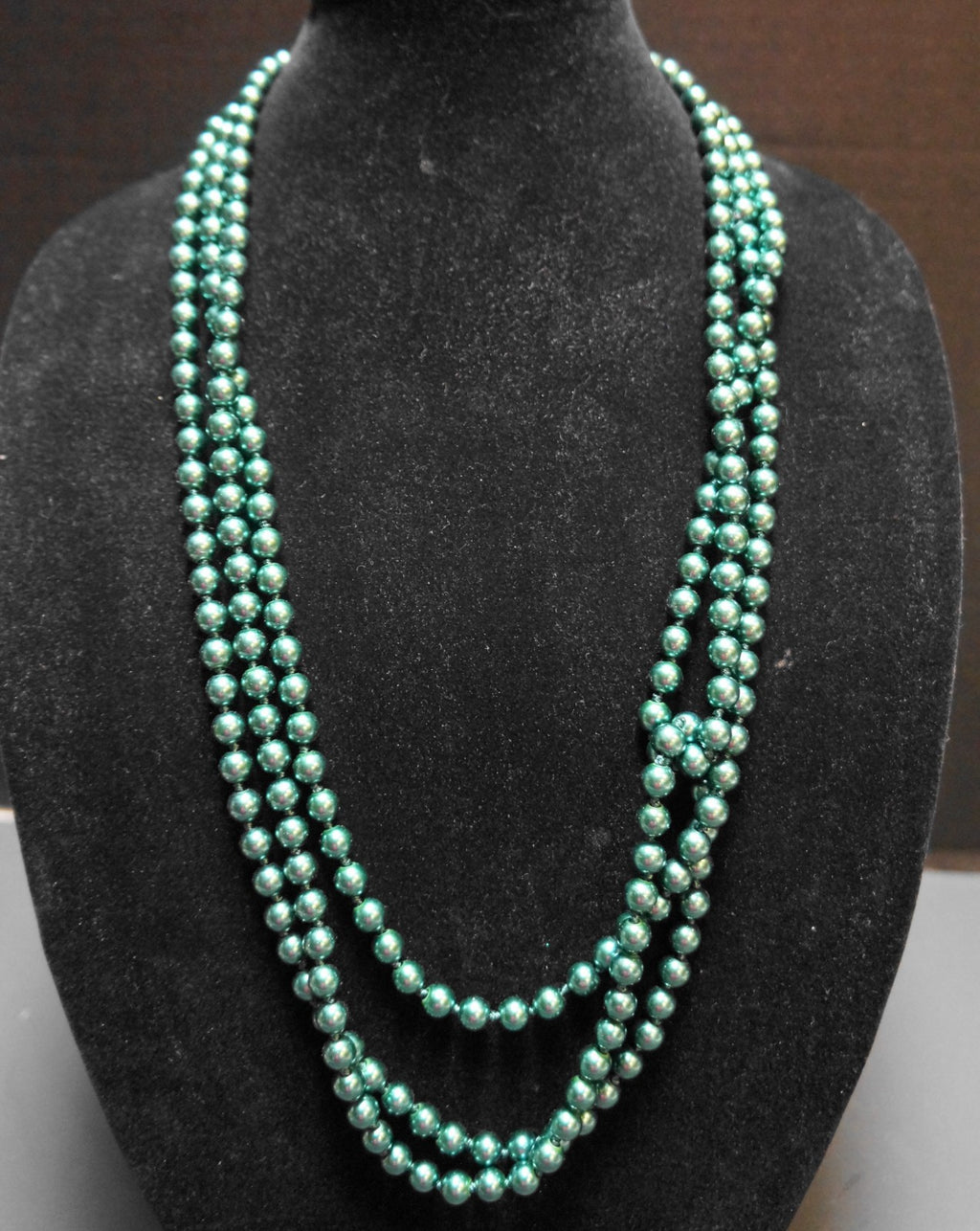 Dark Green Flapper Length 100 IN Single Strand Faux Pearls Necklace Hand Knotted