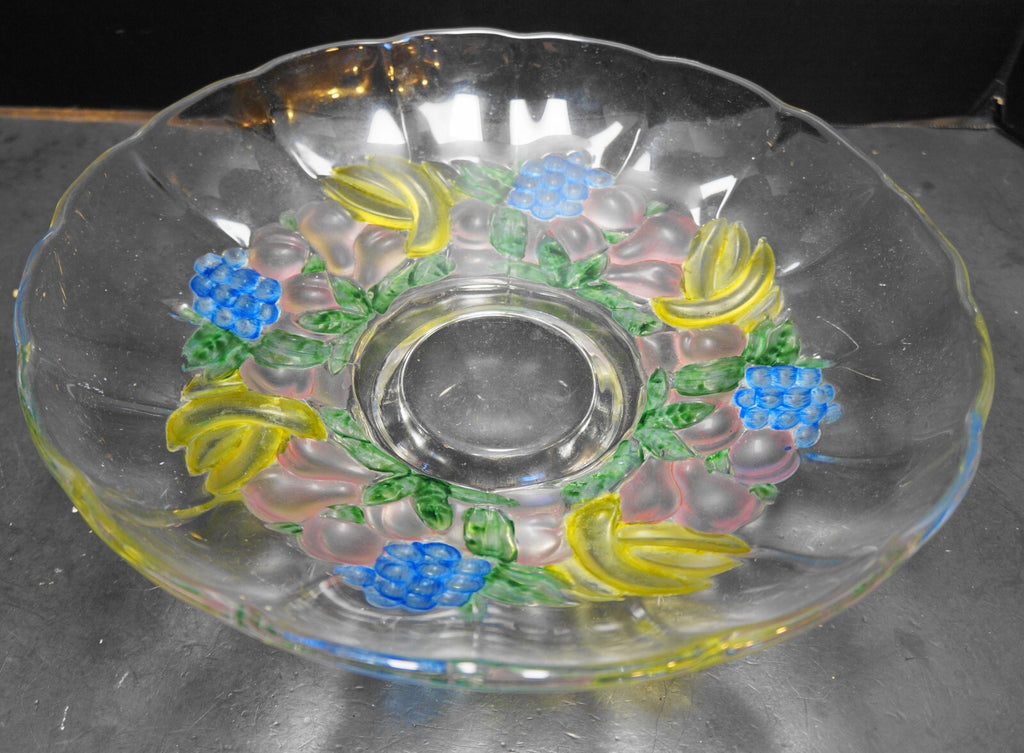 Indiana Glass Garland Banana Fruits Blue Green Stained Footed Low Bowl 12 IN
