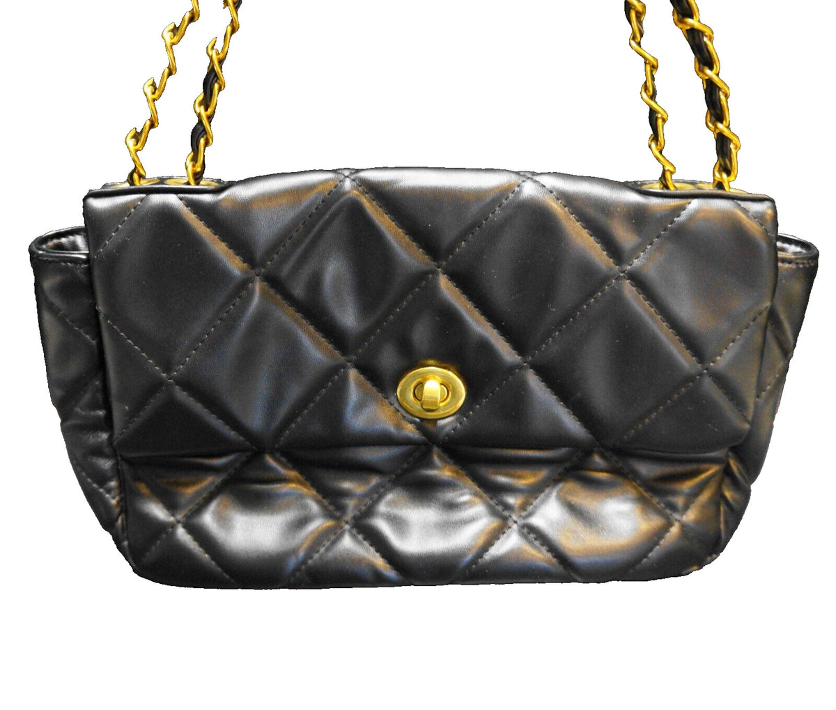 Black Faux Leather Soft Quilted Shoulder Bag Crossbody Chain Strap