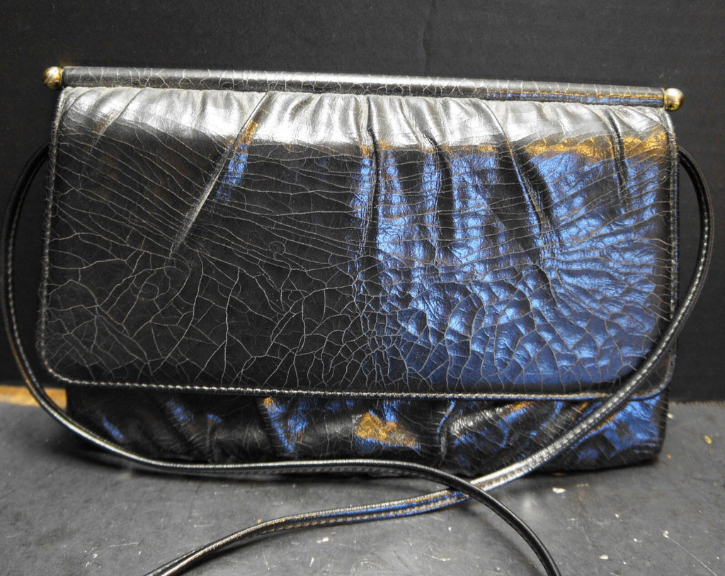 Black Crackle Leather Convertible Clutch Purse Vintage