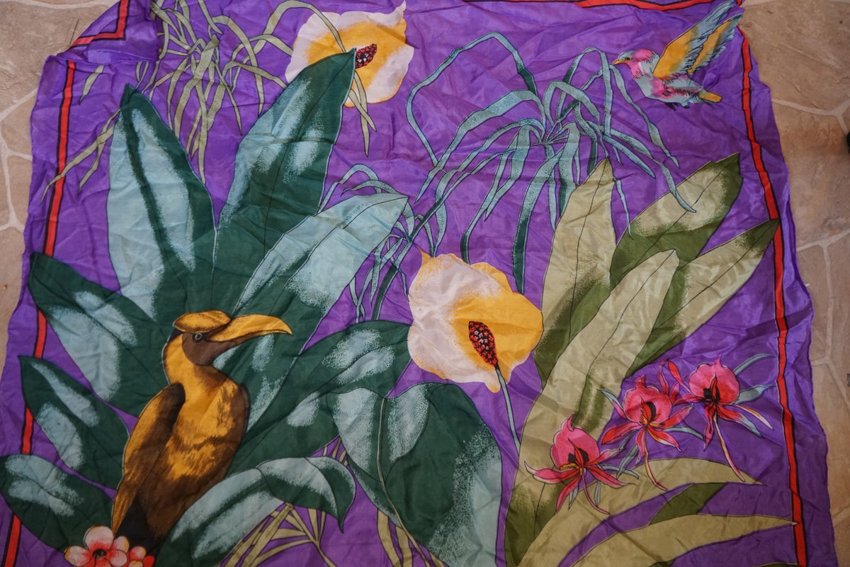 Unsigned Kalvin Klem Tropical Birds Flowers Purple Silk Scarf 1980s