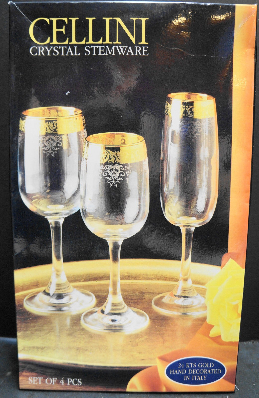 Cellini Water Goblets Set of 4 Gold Encrusted Etched