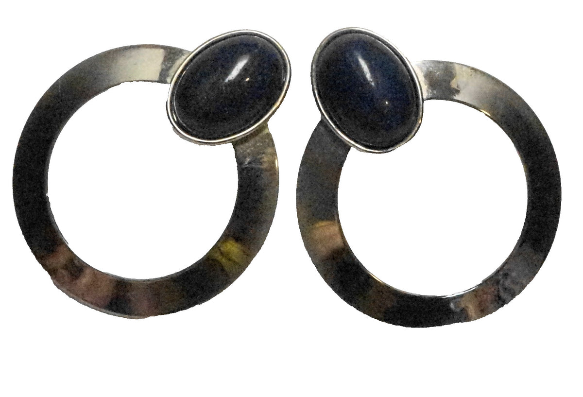 Blue Stone Oval Silver Tone Metal Doorknocker Earrings