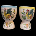 Ucagco Rooster Provincial Double Egg Cups Pair Blue Yellow Trim
