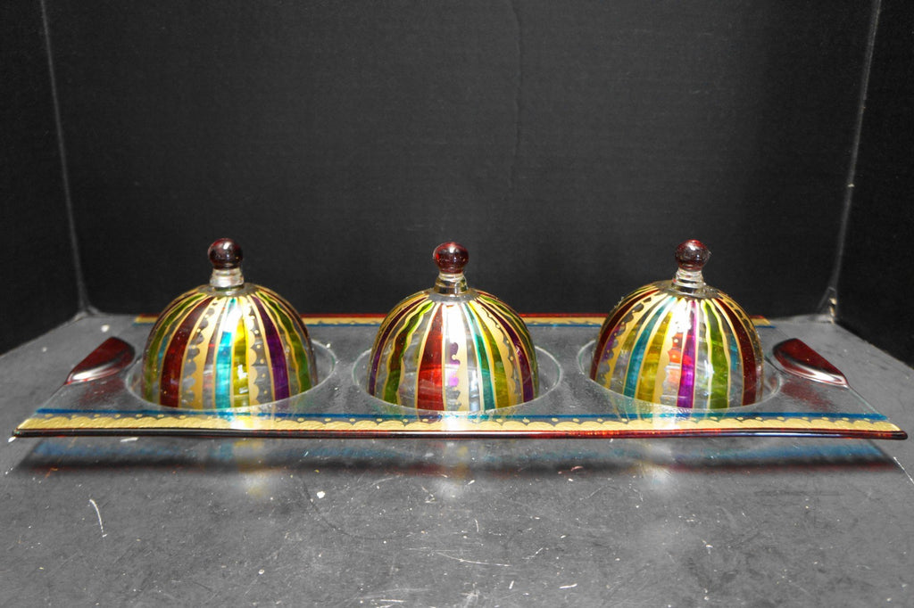 Pier 1 Imports Festive Stripe Condiment Set Hand Painted Glass NIB 2010