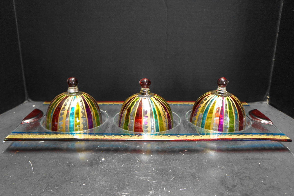 Pier 1 Imports Festive Stripe Condiment Set Hand Painted Glass NIB 2010