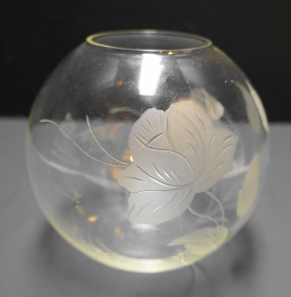 Clear Glass Etched Cut Rose Flower Leaves Rose Bowl 5 IN