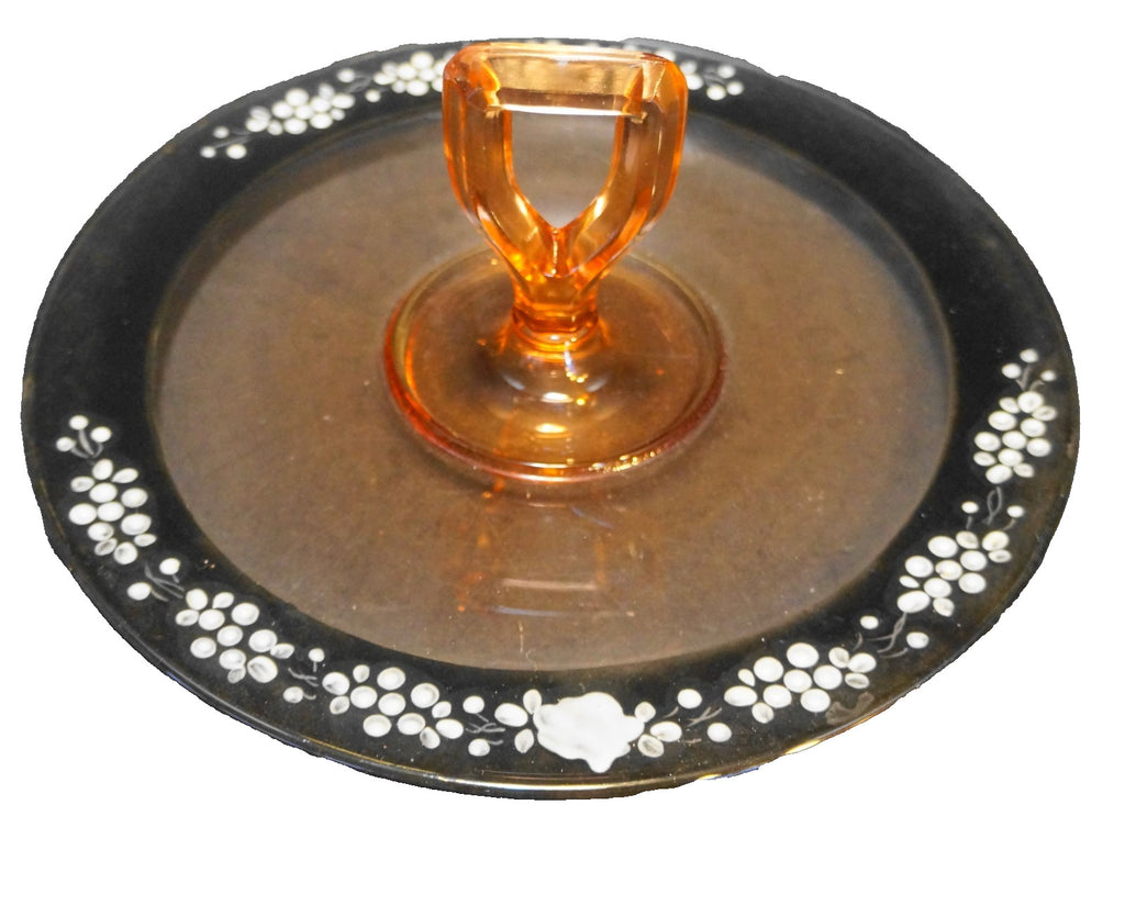 Depression Glass Pink Center Handle Tray Hand Painted Black White Rim