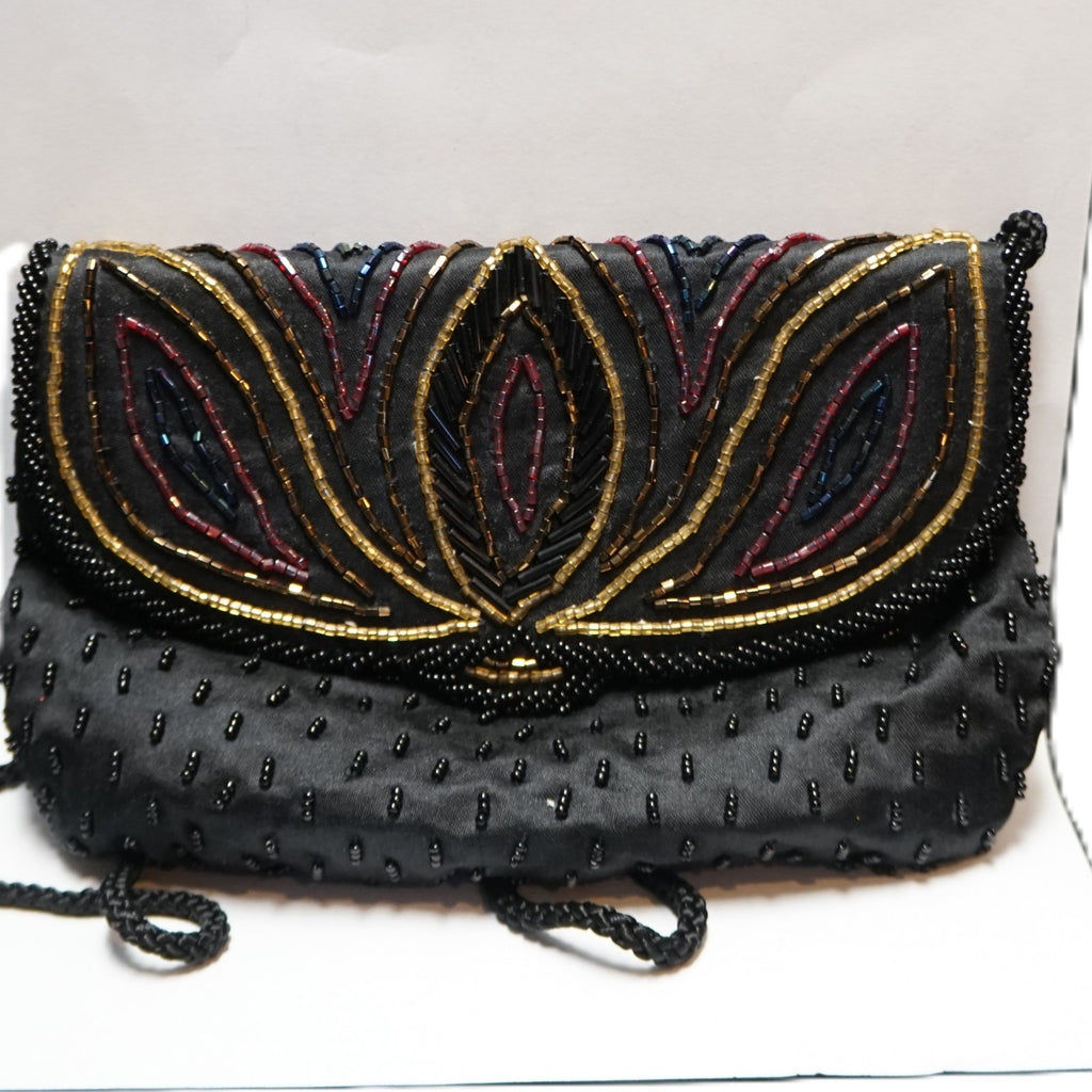 Black Satin Beaded Lotus Flowers Evening Bag Purse