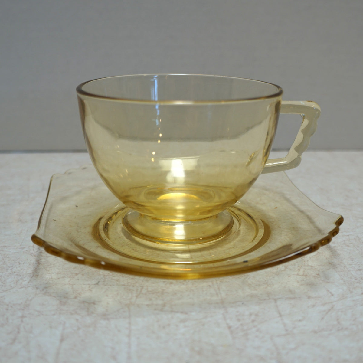 Fostoria Mayfair Topaz Yellow Depression Glass Cup and Saucer
