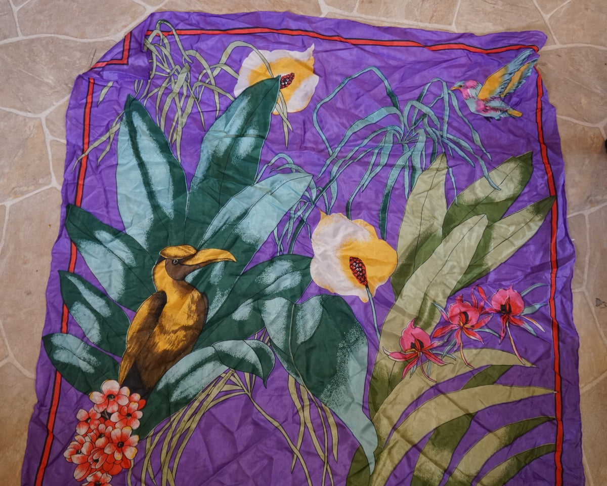 Unsigned Kalvin Klem Tropical Birds Flowers Purple Silk Scarf 1980s