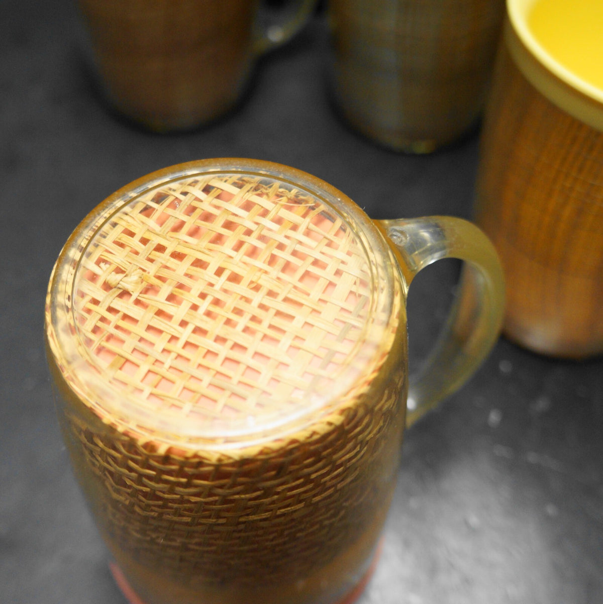 Raffia Ware Burlap Thermo Insulated Mugs Set of 5 Pink Yellow Green Peach Beige