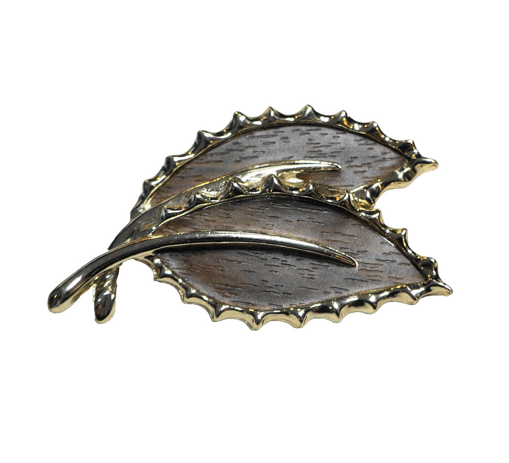 Sarah Coventry Brown Leaves Wood Grain Look Gold Tone Pin